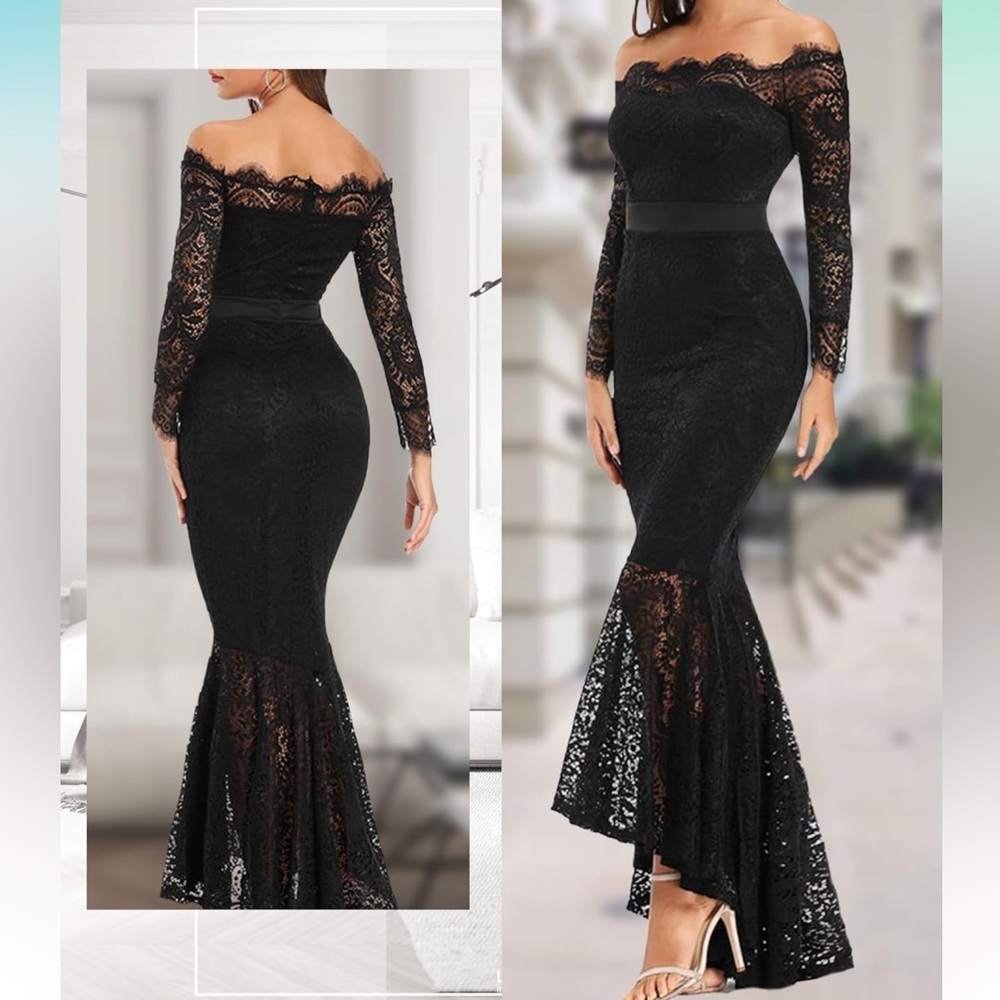 Women's Black Floral Lace Long Sleeve Off Shoulder Mermaid Dress Medium NWOT